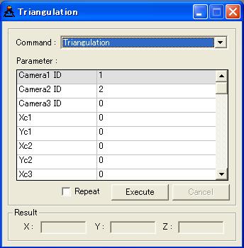 OpenCV Provider User s Guide - 154 - Figure 5-5 Triangulation window [Command] Select eecution command. [Parameter] Set command eecution parameters. [Repeat] Repeat command eecution.