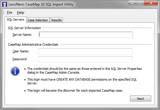 50 When you are ready to migrate existing cases to the, the LexisNexis CaseMap SQL Import Utility dialog box displays. See About migrating cases.