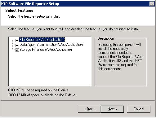 8. In the Select Features dialog box, select either the File Reporter Website (used to display various reports) and/or the Data Agent Administration Website (used to configure the platform-related