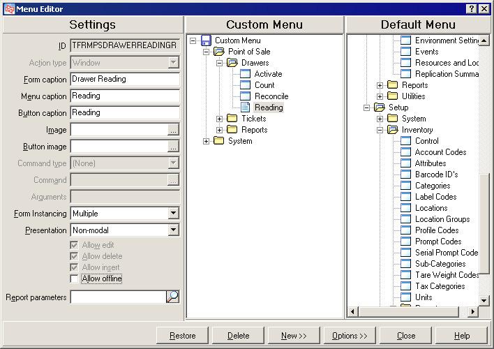 On the REMOTE 1 server, select Setup / System / Menu Codes and display the POS menu code. Click to edit the menu selections.