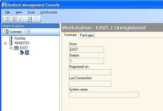 Expand the EAST store in the Object Explorer and select workstation 1. The icon for the workstation shows a black screen, which means that the workstation is not registered.