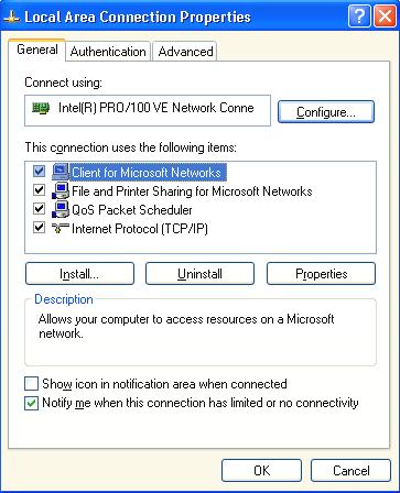 Ensure that Windows networking is enabled on the server. In the Windows Control Panel, select Network Connections. Then right-click Local Area Connection and select Properties.