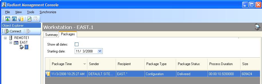After about 1 minute, the workstation connects to the server, receives the message that the package is waiting, downloads it, and then processes the contents.