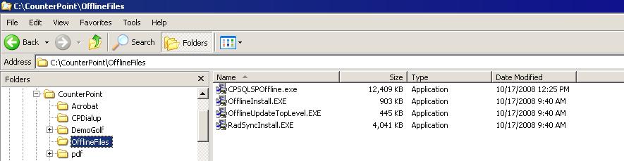 When complete, use Windows Explorer to navigate to the CounterPoint top-level directory and expand it. Notice that the directory named OfflineFiles has been added.