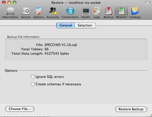 SPECCHIO Page 8 Select the file SPECCHIO V2.2.sql (supplied in the ZIP file) as input. Click Restore Backup. This will create a schema called specchio.