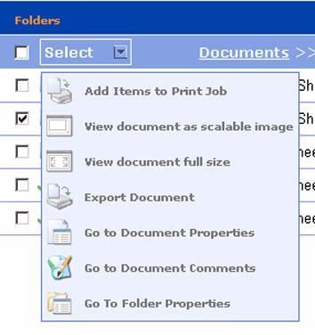 Folders Select menu Introduction The 'Folders' page displays the 'Select' menu at all times.