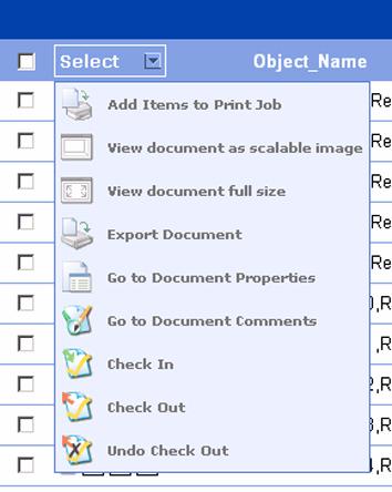 Vault Search Select menu Introduction After a successful search or view is completed and documents are displayed on the 'Vault Search' page, the 'Select' menu is available.
