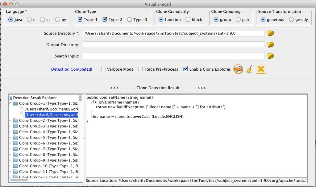 Figure 4.6: GUI corresponds to the command simcad2 4.3.2 Graphical User Interface (GUI) for SimCad SimCad also provides GUI as a convenient way of using the tool for clone detection. Figure 4.