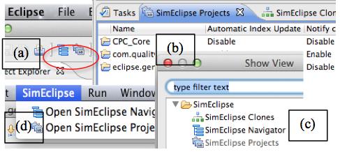 Figure 6.3: SimEclipse Views view can be made available anytime from the Workbench s Main Menu (Fig. 6.3.d), Workbench Toolbar (Fig. 6.3.a) and Show View dialogue (Fig. 6.3.c).
