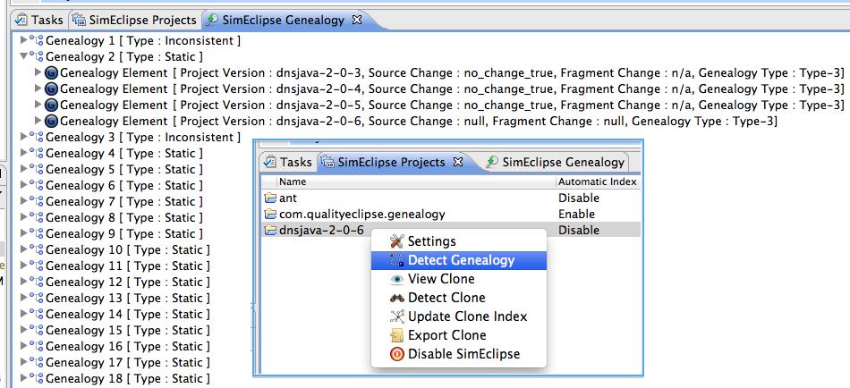 Figure 6.11: Clone Genealogy Viewer in SimEclipse or disabled from the project specific settings of the plugin. This workflow of service is shown in Fig. 6.15.