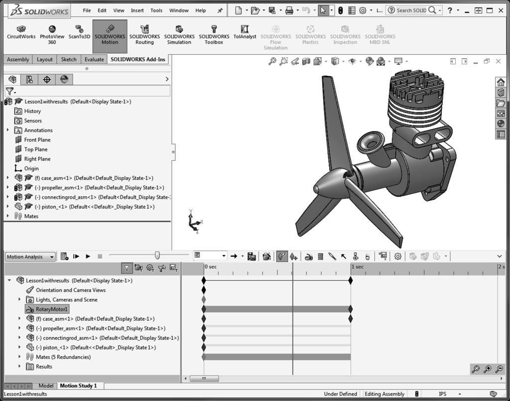1-6 Lesson 1: Introduction to SOLIDWORKS Motion User Interfaces MotionManager Window User interface of the Motion is embedded in SOLIDWORKS.