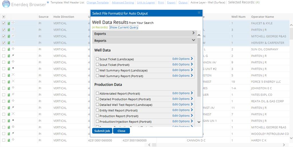 Reports and Outputs From the Identify List you can select items or process the entire Identify List. Clicking on the Output link will open and display a dropdown menu.