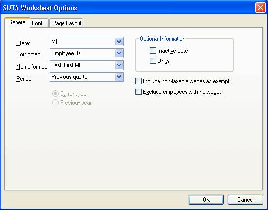 3. With SUTA Worksheet still highlighted in the right pane, click the Options button. 4. In the SUTA Worksheet Options dialog, specify the information as appropriate for the selected client. 5.
