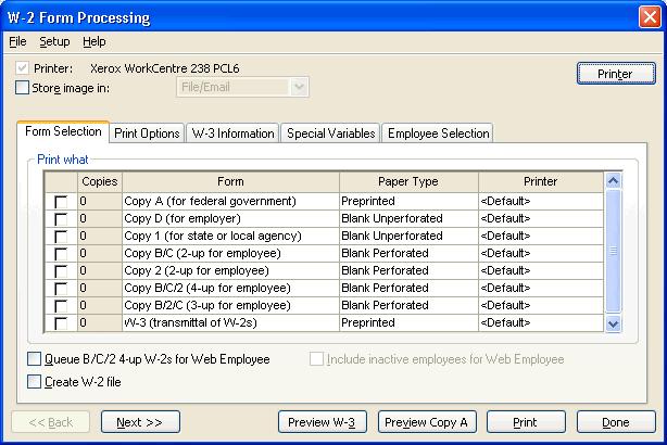 Processing W-2 Forms The Utilities / W-2 Form Processing command allows you to select the forms and to choose print options, and it also allows you to select the employees for whom you wish to print