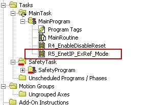 9. Double-click on the R5_EnetIP_ExRef_Mode subroutine to open it. Explanation of the Logic Rung 1: Starts the sequence (pushing the Green button DI0/DO1).