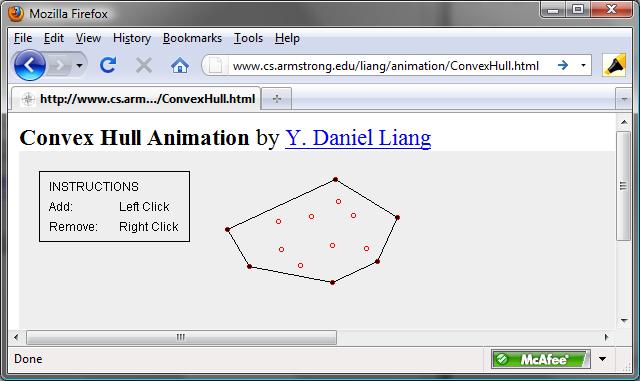 Figure 18.8 The animation tool enables you to add/remove points and display a convex hull dynamically. Many algorithms have been developed to find a convex hull.
