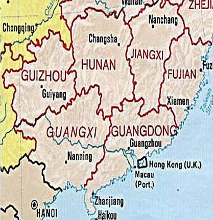 Application 2: Formulating a graph problem: Given a map containing Guizhou, Hunan, Jiangxi, Fujian, Guangxi, Guangdong, construct a graph such that if two provinces share some common