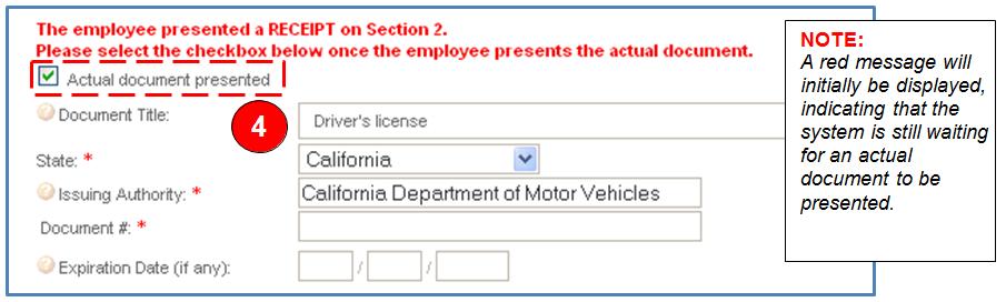 Select the Actual dcument presented check bx and enter a new Dcument # (number) and Expiratin Date. Then click Next. 5.