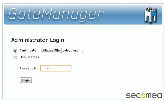 2. Follow the link in the email to open the GateManager login screen, and browse for the certificate you just saved.