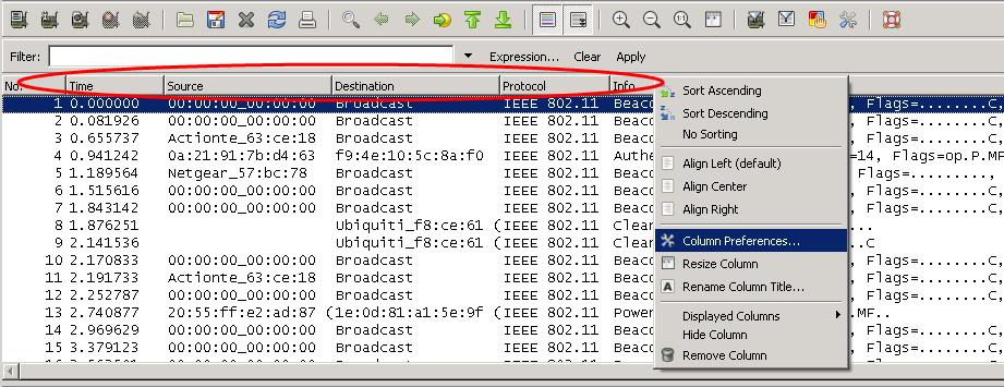 Trace Collection Considerations In Wireshark, right-click on the column bar, and select