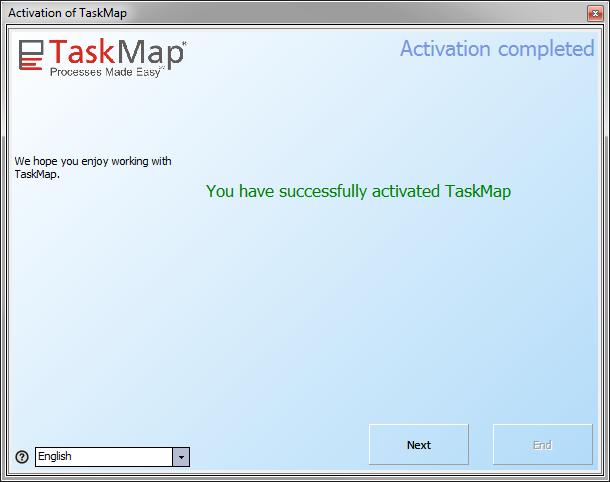 5. You will see a progress dialog followed by a successful activation messsage. Click Next and begin using TaskMap.
