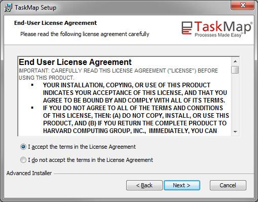 Review the license agreement and if acceptable click I accept the terms in the