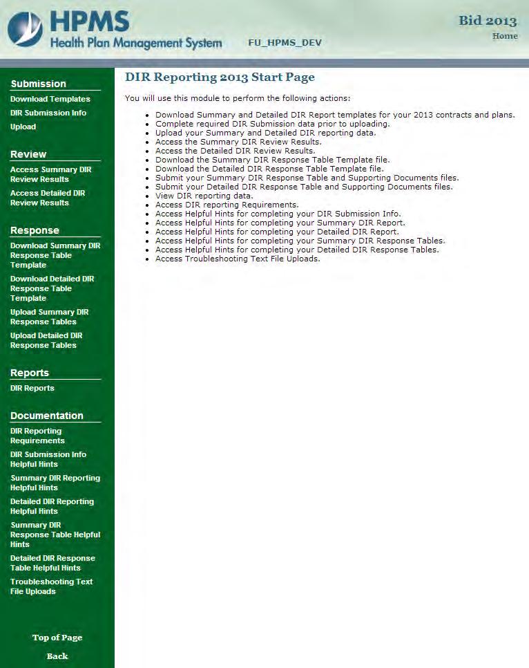 DIR Reporting Contract Year 2013 Submission section Reports section Documentation