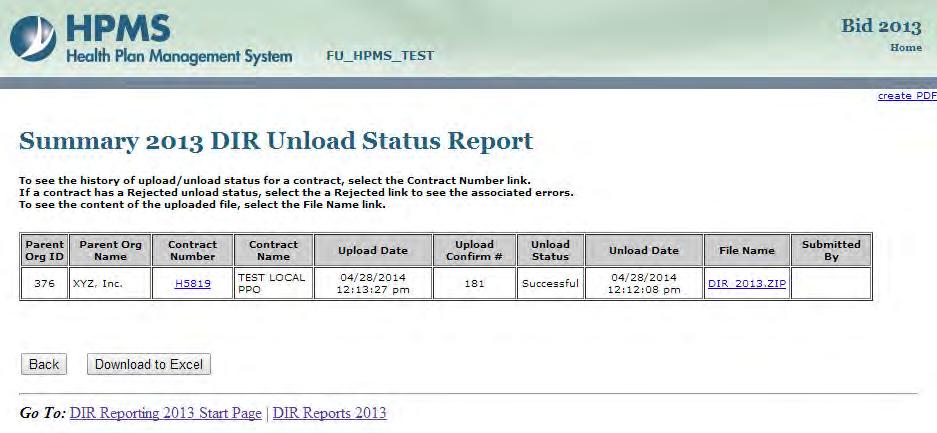 Unload Status Report Upload Date and Timestamp Unload