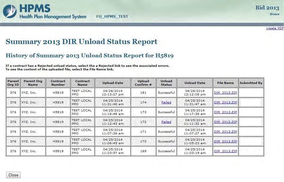 Unload Status Report: History Upload and