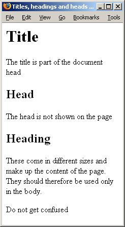 Example of Head, Heading and Title <html lang="en"> <head> <meta charset= UTF-8 > <title> Titles, headings and heads</title> </head> <body> <h1>title</h1> <p>the title is part of the document