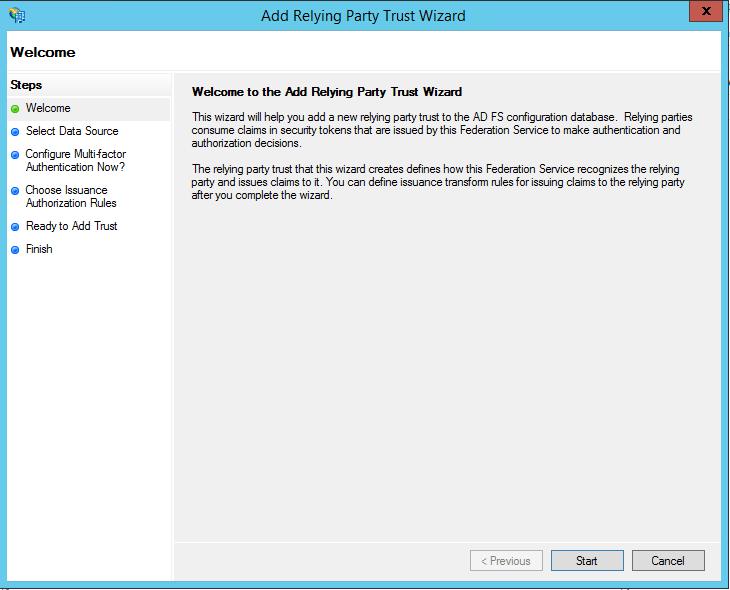Add Relying Party Trust Click on Add Relying Party Trust in the column on the right. You will then see the following intro screen click Start.