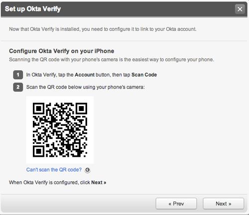 3. Configure Okta Verify to link it to your Okta account. This can be accomplished by scanning a QR code or manually entering the code. (See Figure 32 and the alternative steps below.) 4.