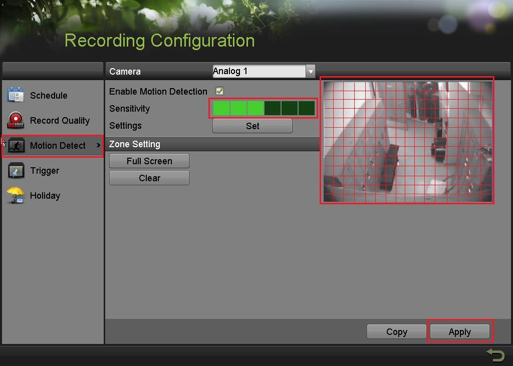 In this step, the COPY option is available only for analog cameras, IP cameras need to be configured individually.