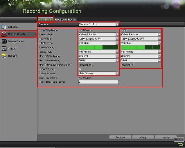 To set the recording RESOLUTION/FRAMERATE/BITRATE settings, please go to: RECORD QUALITY in the RECORDING CONFIGURATION submenu.