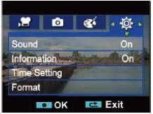 Settings Your camcorder has 7 setting options Sound (operation sound), Information, Time Setting, Format, TV, Language and Default Setting.
