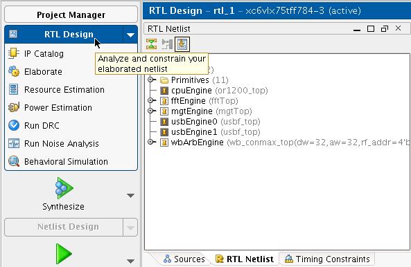 Step 1: Opening a Project and Elaborating RTL X-Ref Target - Figure 1 Figure 1: Opening the RTL Design view Messages warning against undefined instances and others about Critical Warnings in the