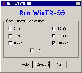 Once sufficient data has been entered, these items will go live and clicking Run from the menu bar or the Run button opens the Run WinTR-55 window.