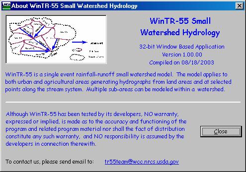 About WinTR-55 Clicking on About WinTR-55 from the Help menu opens the About WinTR-55 Small Watershed Hydrology window.