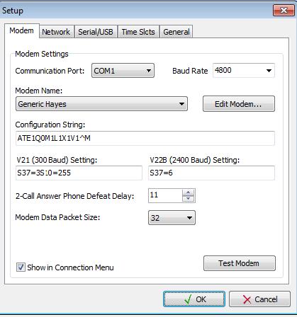 Modem Setup Communication Port Select the Com Port that the modem is connected to.