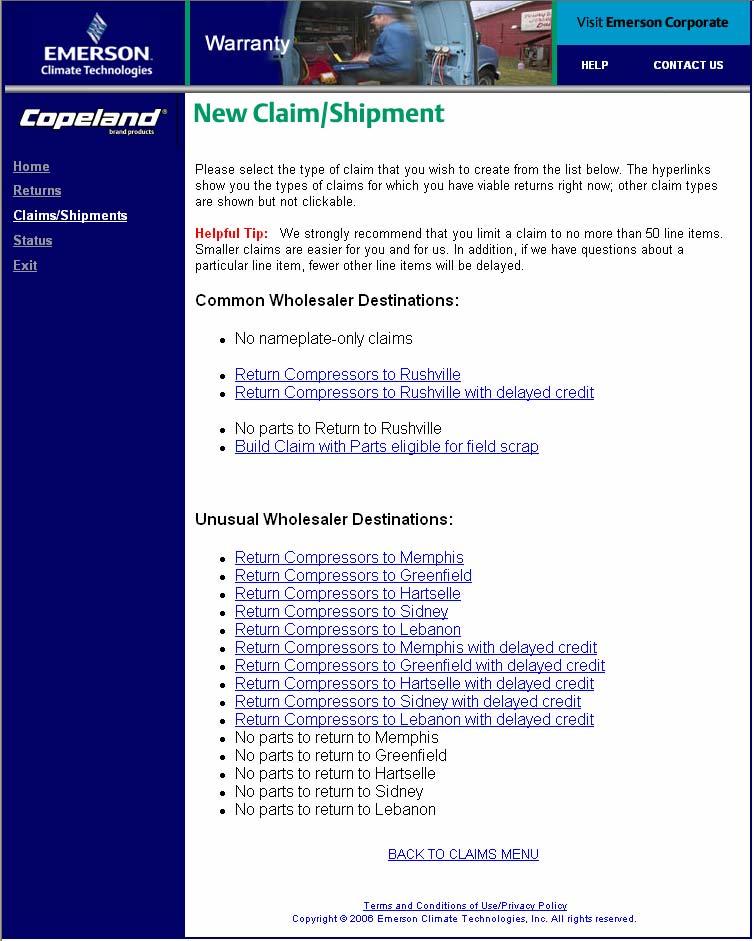 Create A Claim/Shipment To create a claim or shipment, click on Claims/Shipments in the left navigation, and then click on Create a Claim in the main screen.