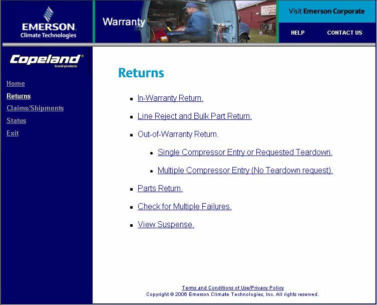 What can I do on the Warranty website? The Emerson Climate Technologies Warranty system will allow you to create both warranty and salvage returns through our customer portal.