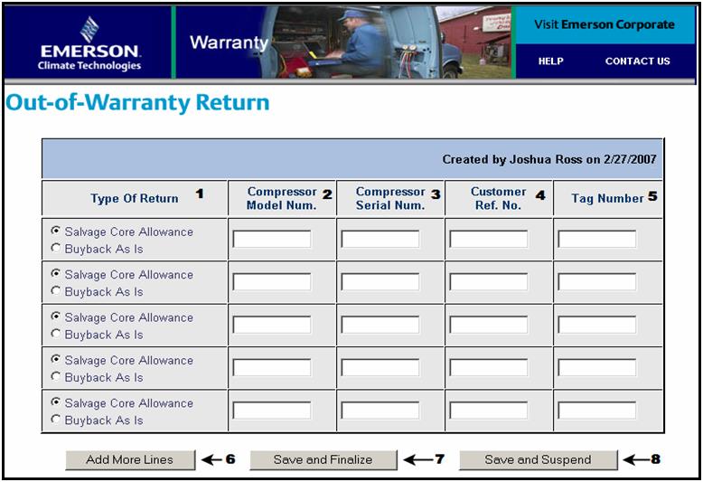 Create an Out-Of-Warranty Multiple Compressor Entry Return To create an Out-of-Warranty Multiple Entry Return, click on Returns in the left navigation, and then click on Multiple Compressor Entry (No