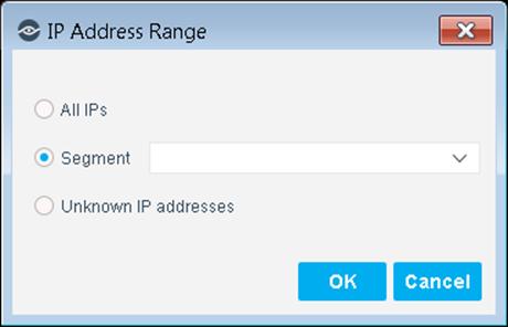 6. Use The IP Address Range dialog box to define which endpoints are inspected. The following options are available: All IPs: Include all IP addresses in the Internal Network.