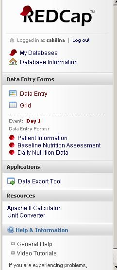 The Left Hand Navigation Pane From the menu on the left hand side of the page, you can access: My Databases: Takes you back to the screen showing all studies on REDCap you are involved with.