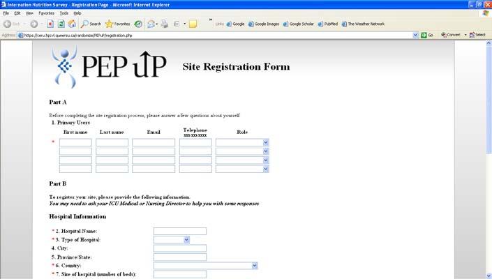 Registration The Site and User Registration Form for the PEP up Study can be accessed by following the link on the www.criticalcarenutrition.com website, or directly at https://ceru.hpcvl.queensu.