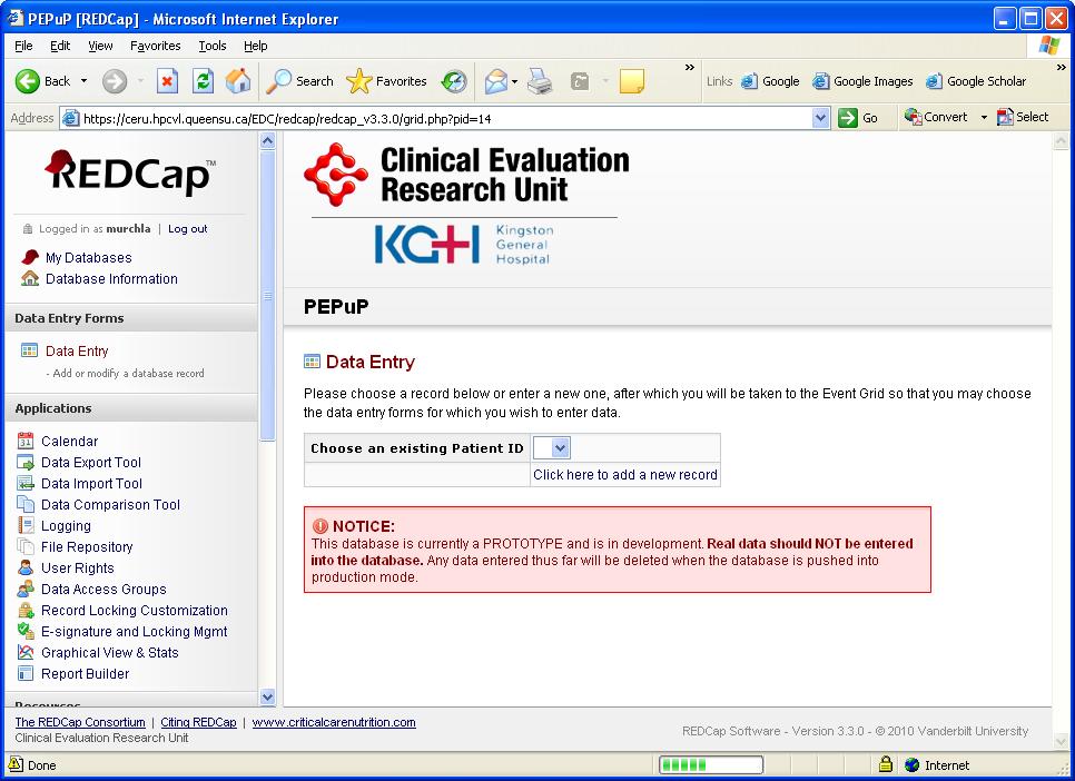 When you click on the PEP up Database you will be directed to this screen (the study s home page). This Database Information screen will allow you to view other users for your site.