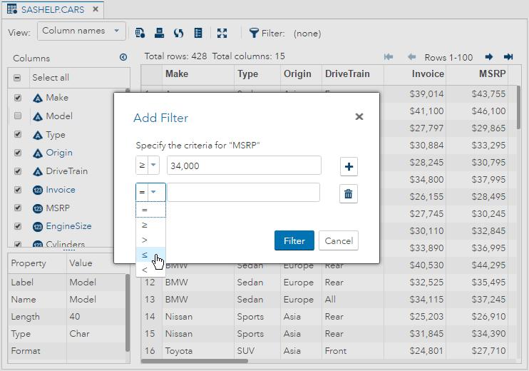 Filtering and Sorting Data 79 The Add Filter window for a character column is case sensitive and searches for values that contain the text that you enter.