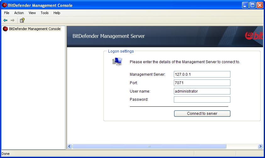 Logon Settings To connect to Bitdefender Management Server, fill in the following fields: Management Server - type in the IP address of the Bitdefender Management Server instance you want to connect