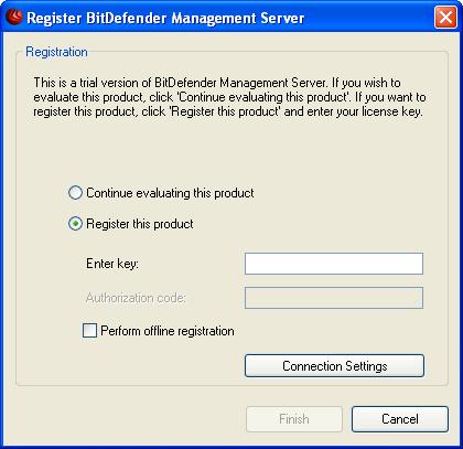 Registration 4. Select Register this product. If the product has been registered before, the option is Renew product license. 5. Type the license key in the Enter key field. 6.