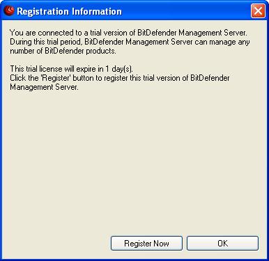 Registration Information You can see whether the Bitdefender Management Server instance is a trial version or a registered version.